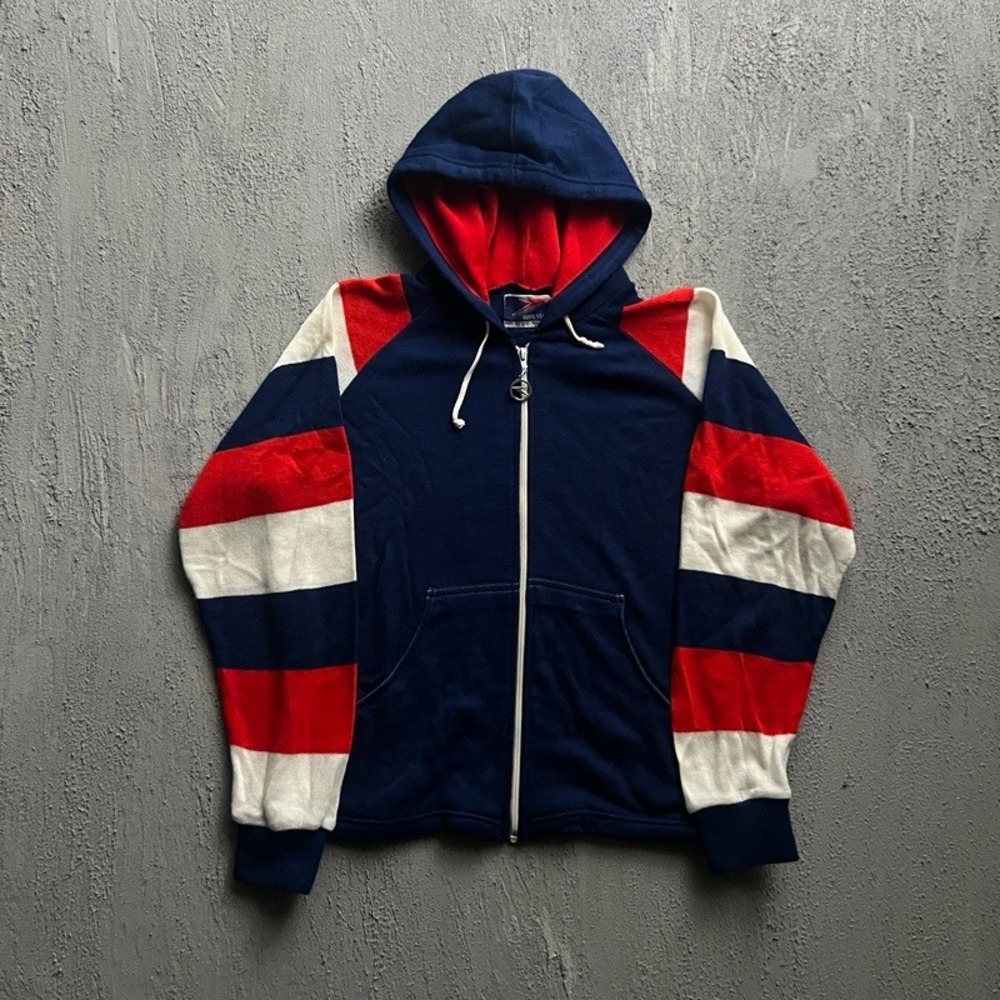 Vintage White Stag Zip Up Hoodie Small Blue 1970s Striped Raglan